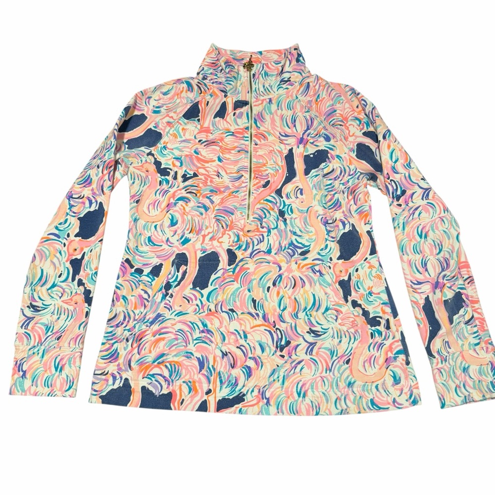 LILLY PULITZER Abstract Flamingo Print Quarter-Zip Pullover Multi –‎ Size Small